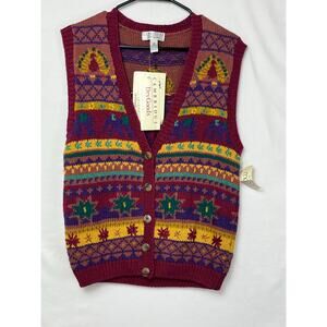 NWT Cambridge Dry Goods Womens Size Med Maroon/Yellow Fall Print Sleeveless Vest